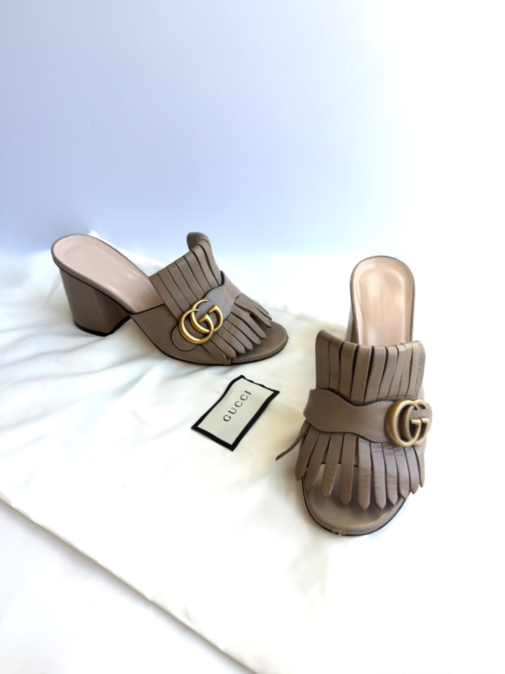 Gucci GG Marmont Fringe Mule Block Heel Beige Leather Size 6 - Picture 5 of 8